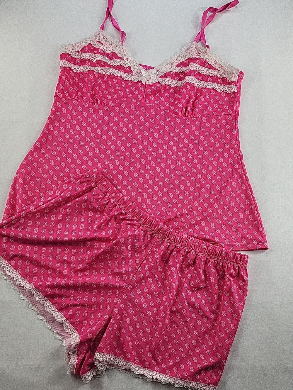 Laura Ashley Pink-Red Paisley Lace-Trim Cami and Shorts Pajama Set Size L